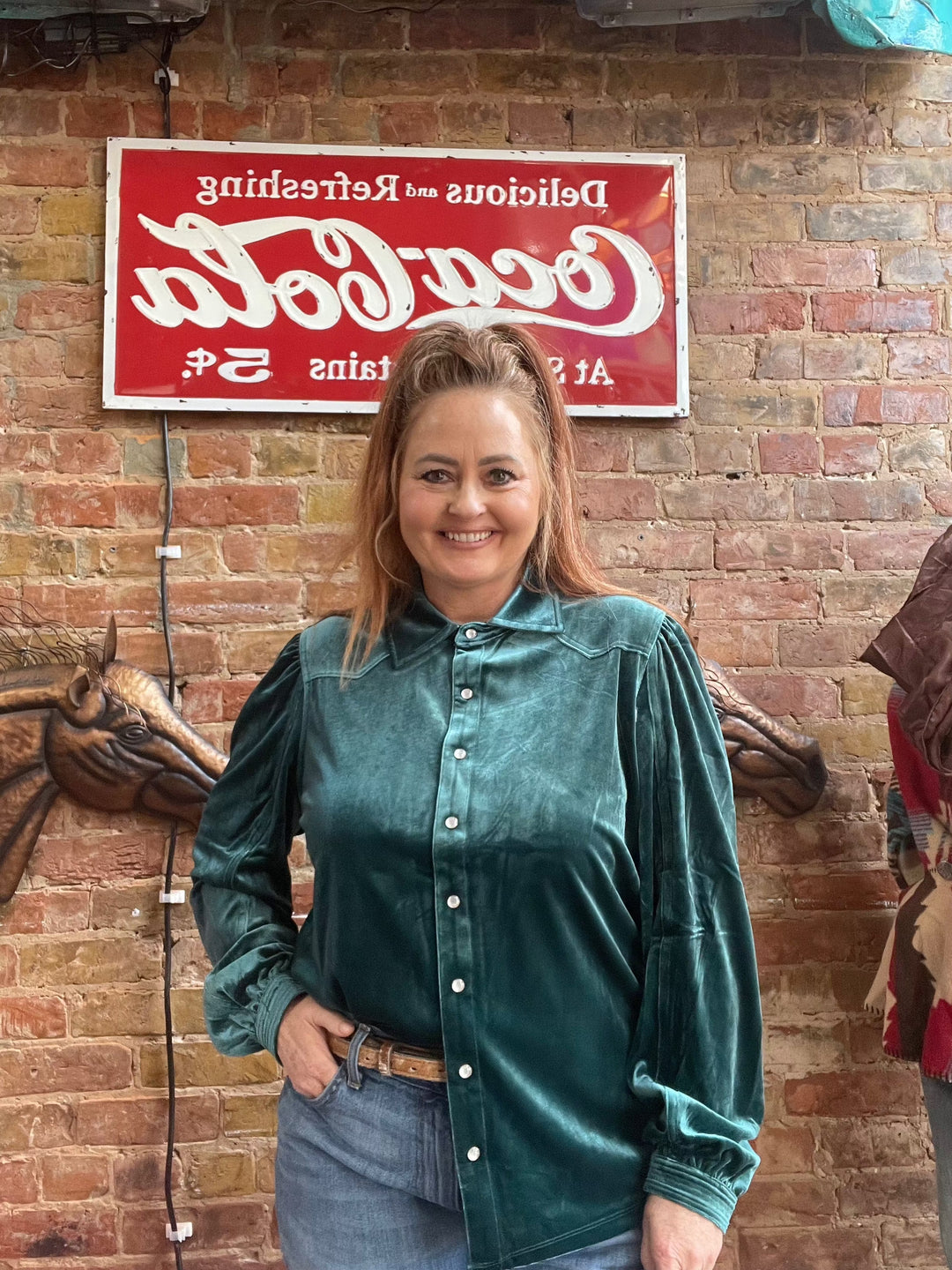 Cruel Girl Women's Velvety Green Western Top-Long Sleeves-Cruel-Whiskey Ray's Boutique, Women's Western Wear Boutique in Waxahachie, TX