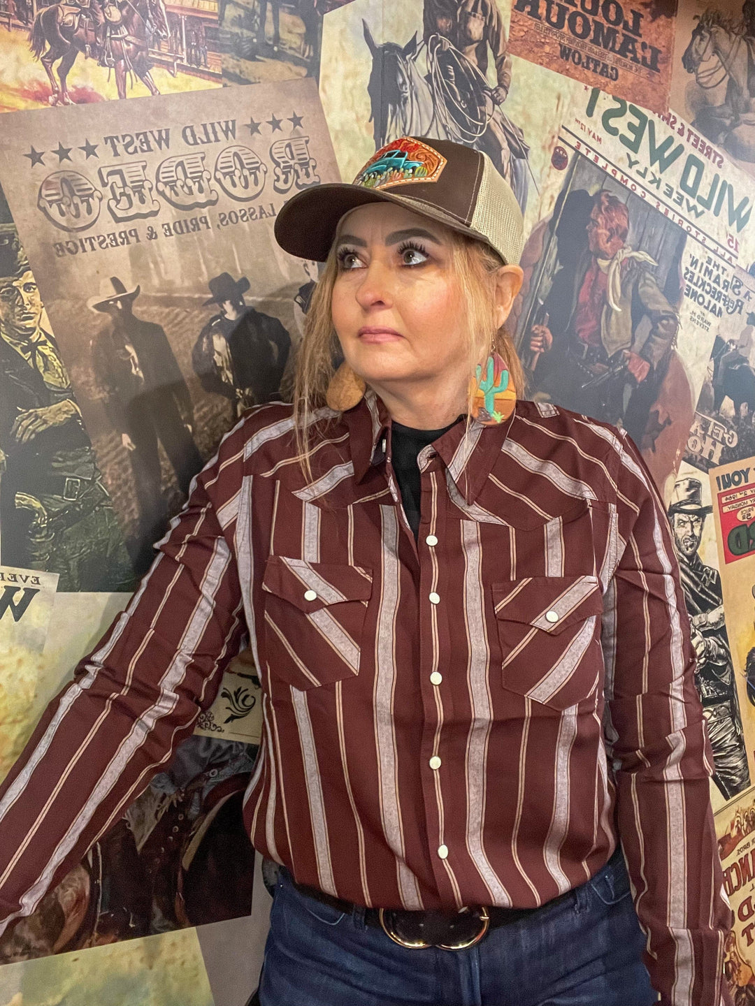 Women's Girlfriend Fit Yarn Dyed Stripe Western Shirt - Burgundy-Long Sleeves-Cruel-Whiskey Ray's Boutique, Women's Western Wear Boutique in Waxahachie, TX