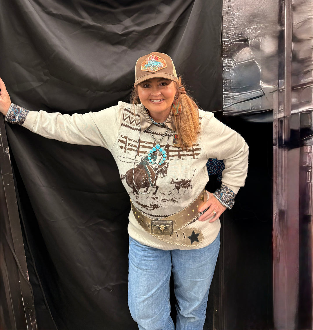 Fence Line Cowgirl Knit Sweater-Sweaters-Cruel-Whiskey Ray's Boutique, Women's Western Wear Boutique in Waxahachie, TX