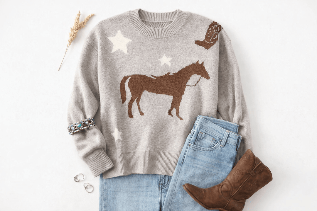 Starry Plains Horse Knit Sweater-Sweaters-Whiskey Ray's Boutique-Whiskey Ray's Boutique, Women's Western Wear Boutique in Waxahachie, TX