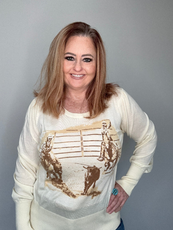 Women's Rodeo Graphic Lightweight Sweater-Sweaters-Cruel-Whiskey Ray's Boutique, Women's Western Wear Boutique in Waxahachie, TX