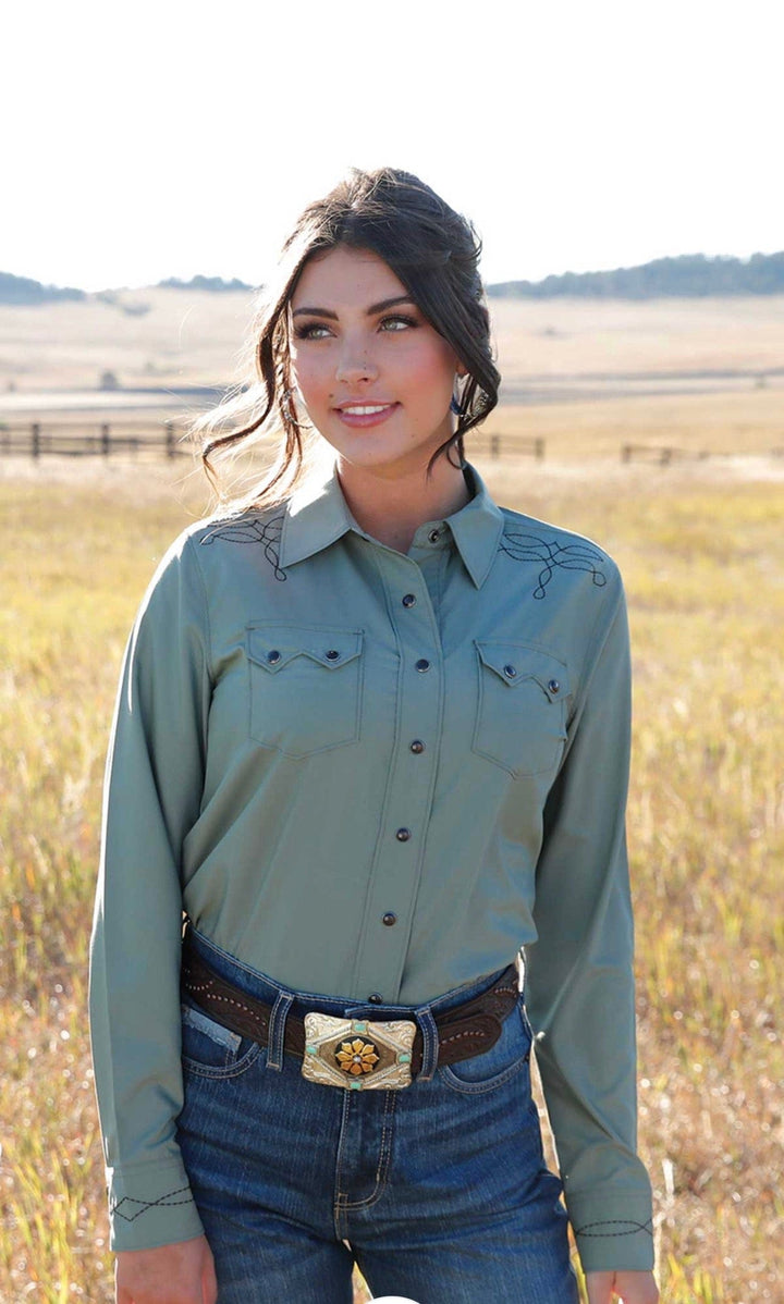 Cruel Denim Women's Green Pearl Snap Shirt-Women's top-Cruel-Whiskey Ray's Boutique, Women's Western Wear Boutique in Waxahachie, TX