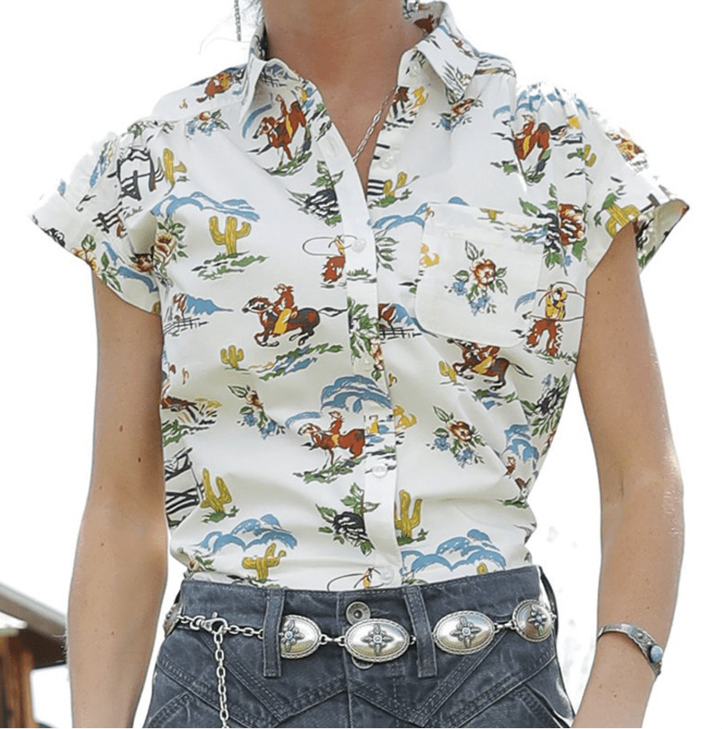 Women's Cowboy Print Blouse-Women's top-Cruel-Whiskey Ray's Boutique, Women's Western Wear Boutique in Waxahachie, TX