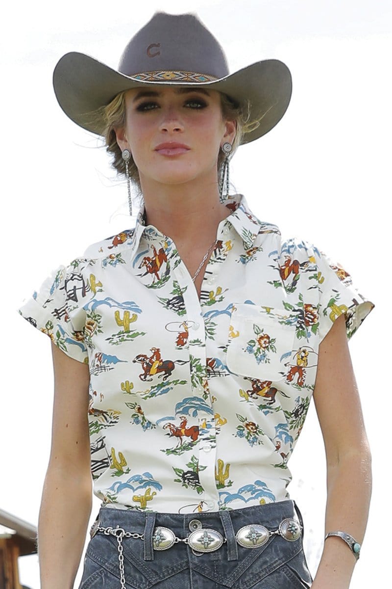 Women's Cowboy Print Blouse-Women's top-Cruel-Whiskey Ray's Boutique, Women's Western Wear Boutique in Waxahachie, TX