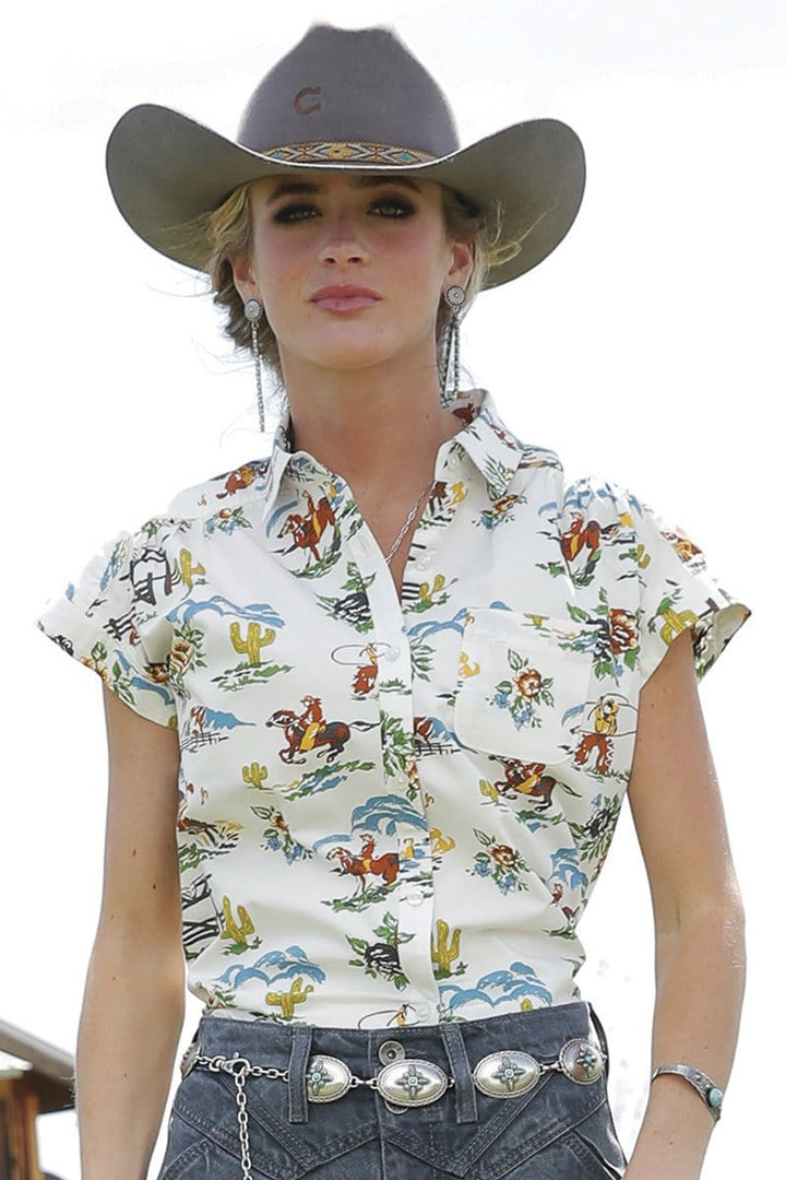 Women's Cowboy Print Blouse-Women's top-Cruel-Whiskey Ray's Boutique, Women's Western Wear Boutique in Waxahachie, TX