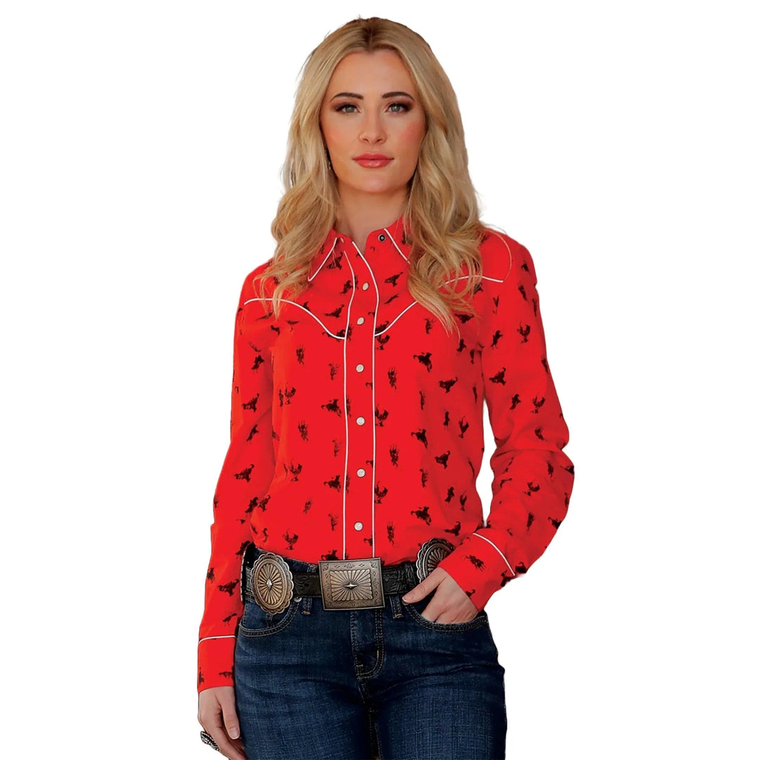 Women's Cruel Denim Red Bucking Horse Snap Button Shirt-Women's top-Cruel-Whiskey Ray's Boutique, Women's Western Wear Boutique in Waxahachie, TX