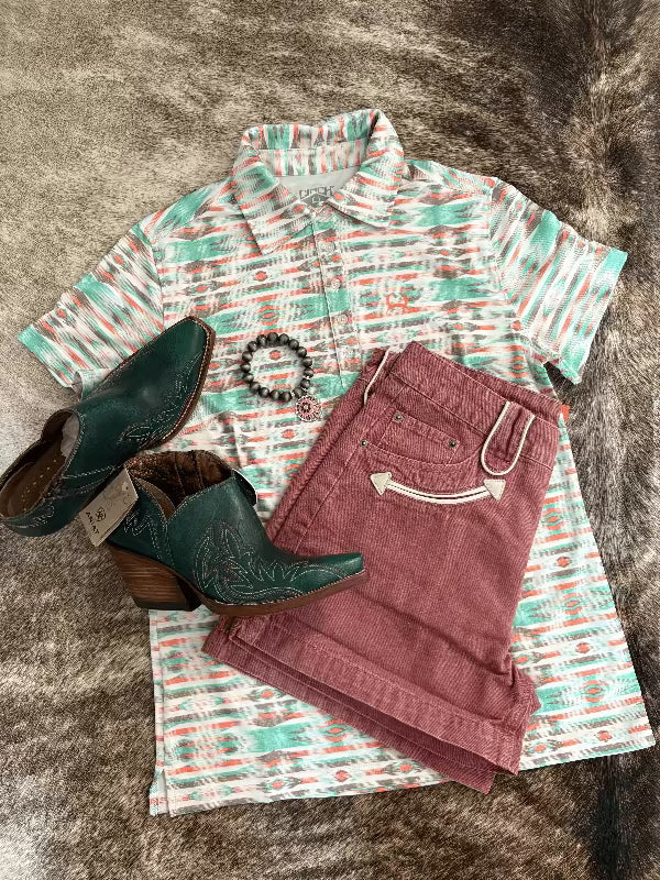 Women's Geometric Print Polo-White-Women's top-Cruel-Whiskey Ray's Boutique, Women's Western Wear Boutique in Waxahachie, TX