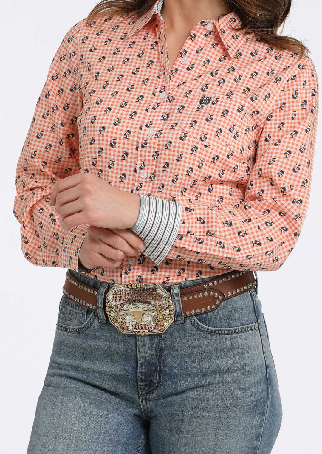 Women's Palm Tree Print Button-Down Western Shirt - Orange-Women's top-Cruel-Whiskey Ray's Boutique, Women's Western Wear Boutique in Waxahachie, TX