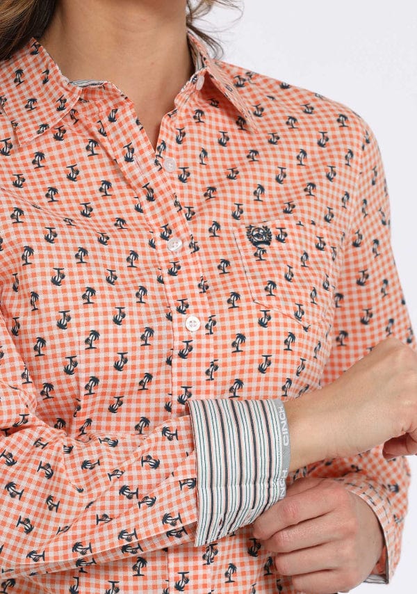 Women's Palm Tree Print Button-Down Western Shirt - Orange-Women's top-Cruel-Whiskey Ray's Boutique, Women's Western Wear Boutique in Waxahachie, TX