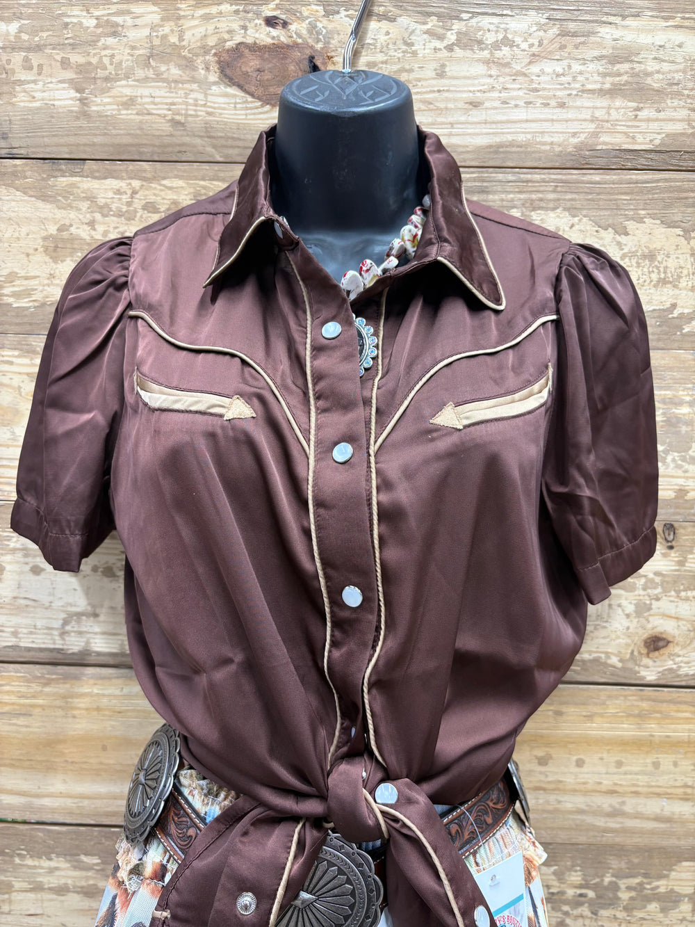Women's Solid Short Sleeve Puff Pearl Snap Top Brown-Women's top-HowdyHanny-Whiskey Ray's Boutique, Women's Western Wear Boutique in Waxahachie, TX