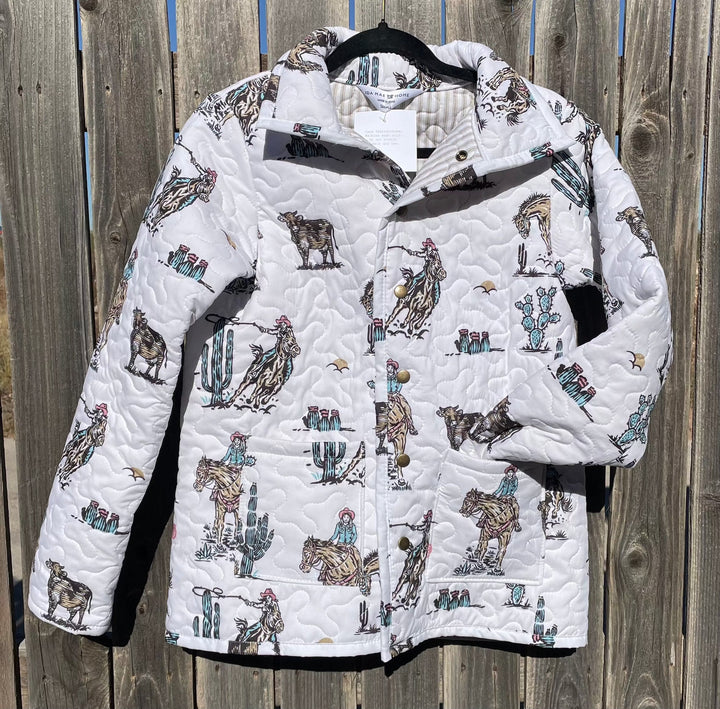 Cowgirl Wild West Quilted Snap Jacket-White-Coats & Jackets-Ida Mae Home-Whiskey Ray's Boutique, Women's Western Wear Boutique in Waxahachie, TX