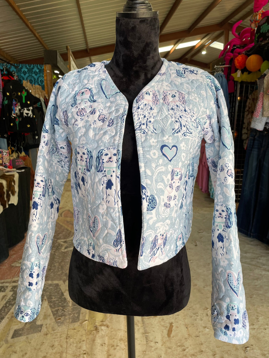 Foo Dogs Light Blue Quilted Cropped Jacket-Coats & Jackets-Ida Mae Home-Whiskey Ray's Boutique, Women's Western Wear Boutique in Waxahachie, TX