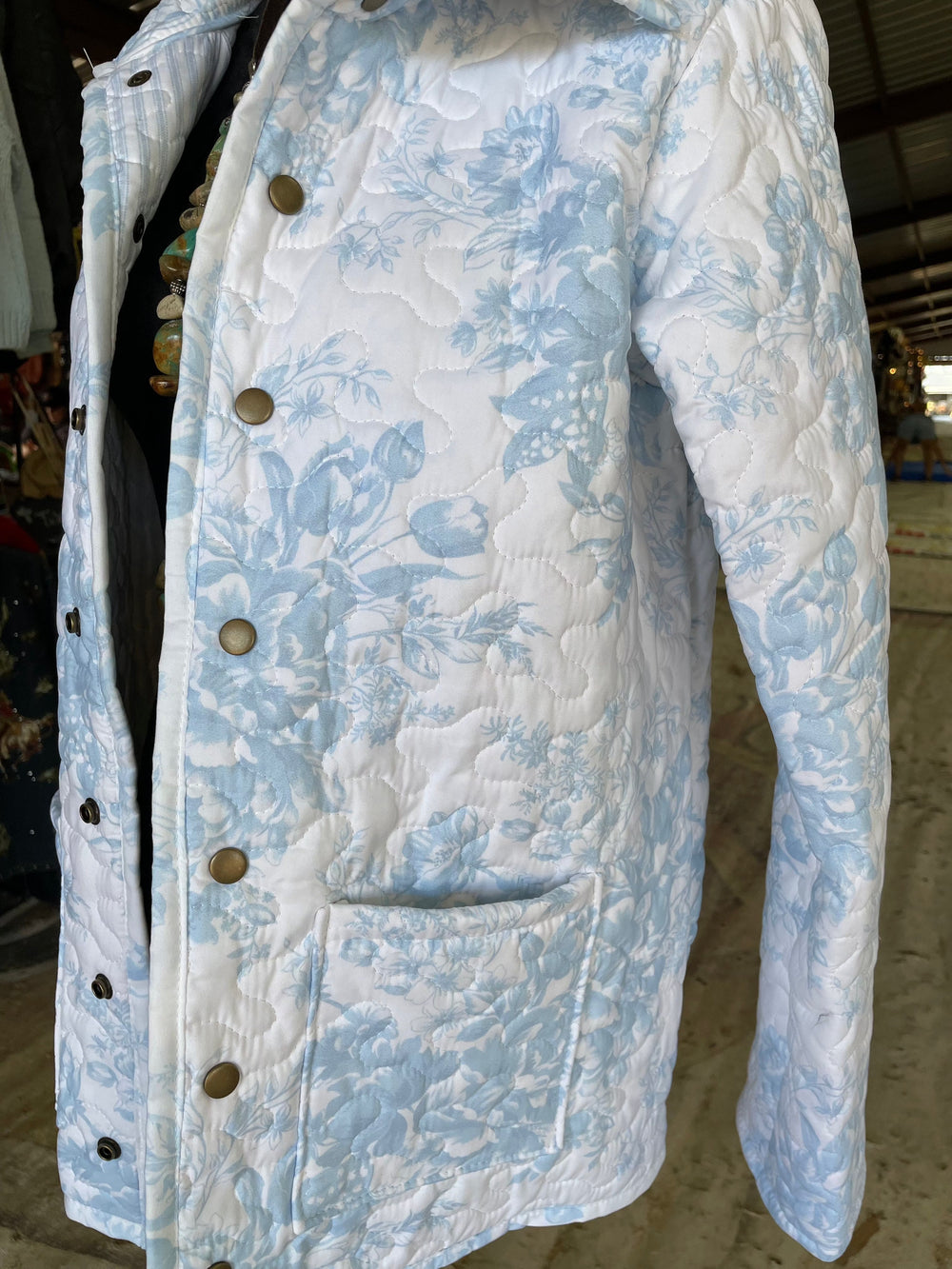 Rose Toile Light Blue Quilted Snap Jacket-Coats & Jackets-Ida Mae Home-Whiskey Ray's Boutique, Women's Western Wear Boutique in Waxahachie, TX