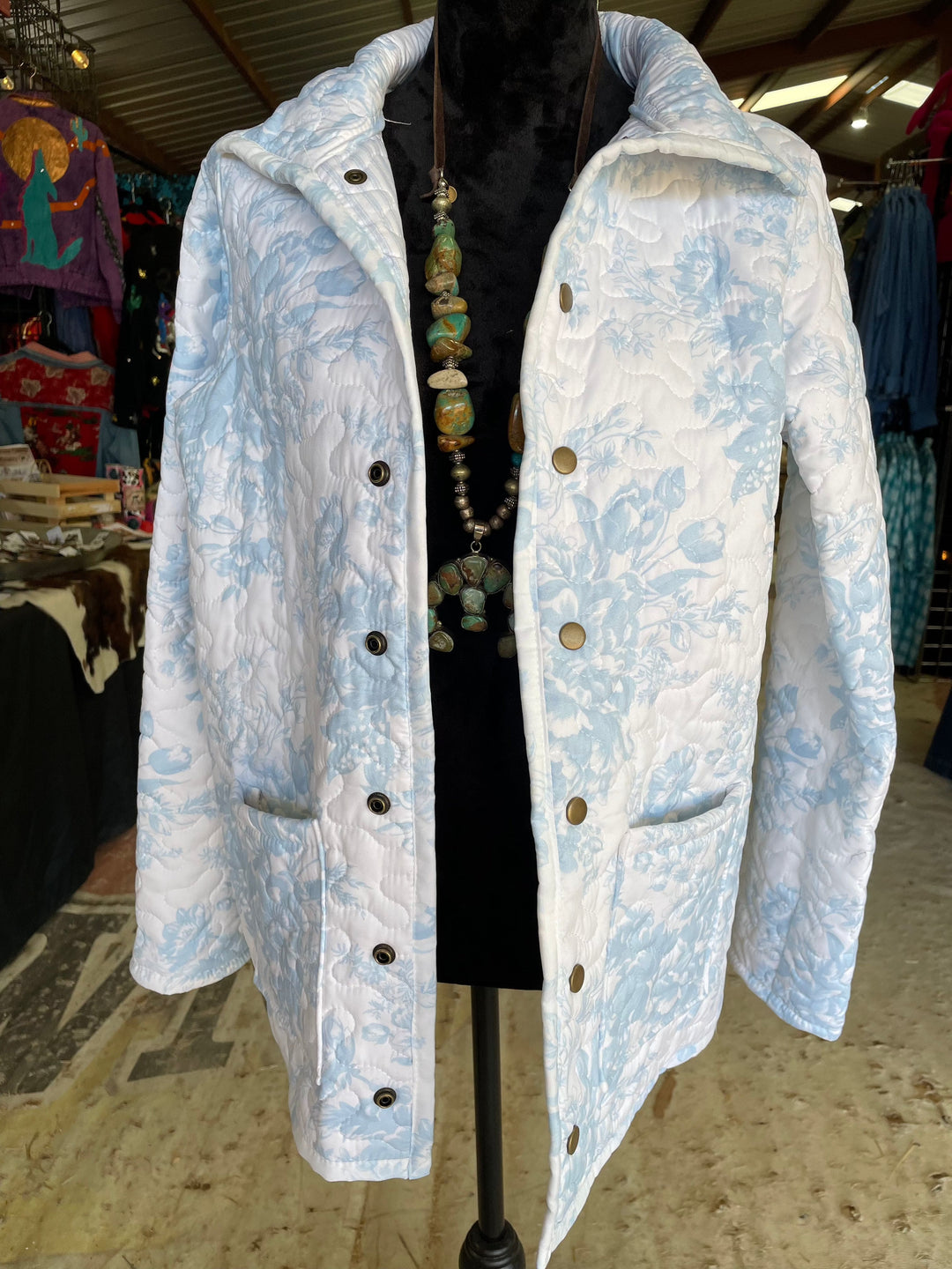 Rose Toile Light Blue Quilted Snap Jacket-Coats & Jackets-Ida Mae Home-Whiskey Ray's Boutique, Women's Western Wear Boutique in Waxahachie, TX