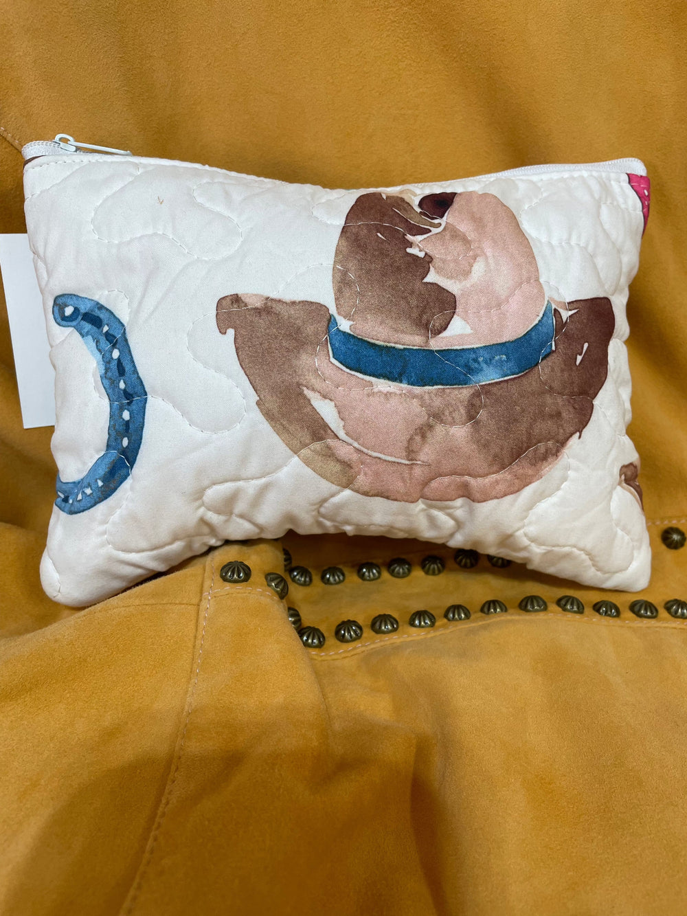 Tossed Hats Multi in White Quilted Makeup Bag-Makeup Bags-Ida Mae Home-Whiskey Ray's Boutique, Women's Western Wear Boutique in Waxahachie, TX