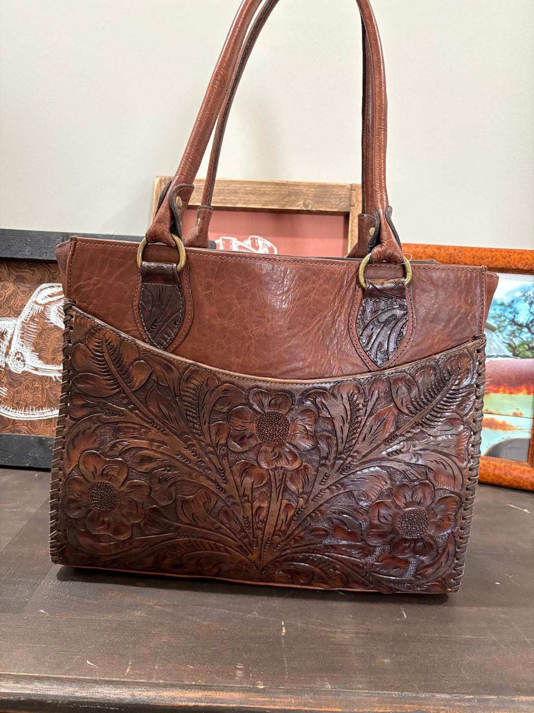 Juan Antonio Bison with Tooled Brown Handbag-Handbags-Juan Antonio-Whiskey Ray's Boutique, Women's Western Wear Boutique in Waxahachie, TX