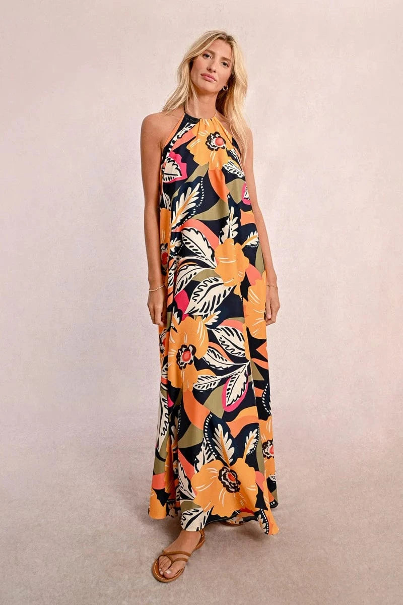 Women's Long Flower Printed Dress-Dresses-Molly Bracken-Whiskey Ray's Boutique, Women's Western Wear Boutique in Waxahachie, TX