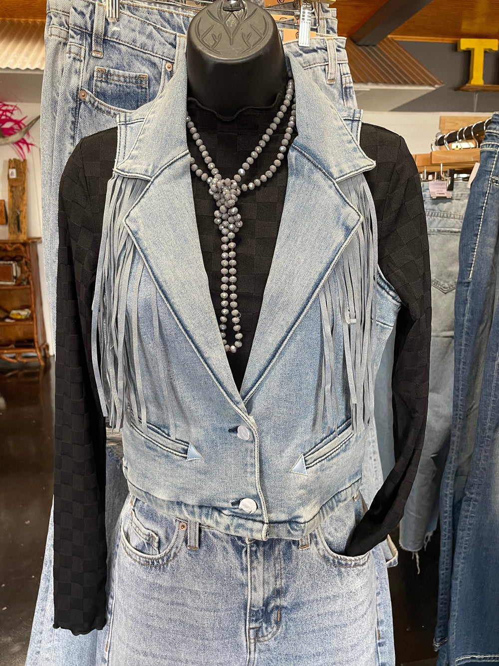 Rock & Roll Denim Fringe Vest-Vests-Rock & Roll Denim-Whiskey Ray's Boutique, Women's Western Wear Boutique in Waxahachie, TX