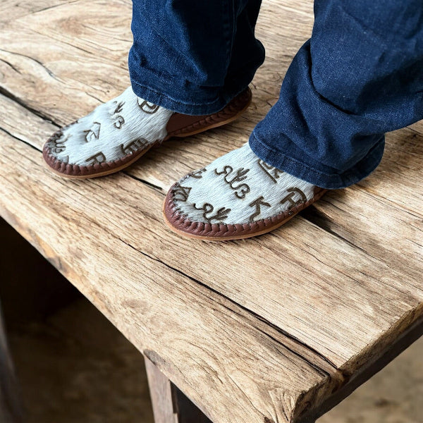 Women's Custom Branded Cowhide Dayworker Shoes-Slip Ons-The Broncy Donkey-Whiskey Ray's Boutique, Women's Western Wear Boutique in Waxahachie, TX