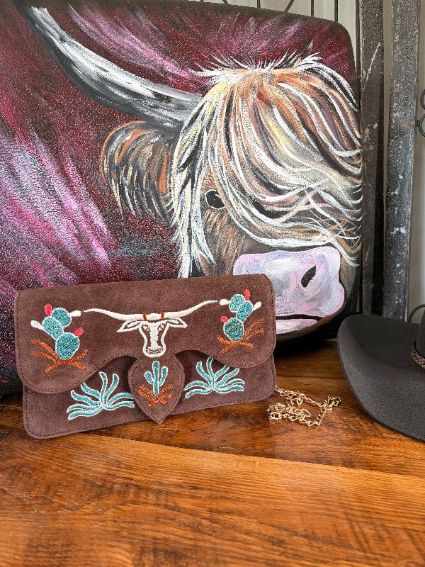 Cactus & Longhorn Suede Clutch-Accessories-Whiskey Ray's Boutique-Whiskey Ray's Boutique, Women's Western Wear Boutique in Waxahachie, TX