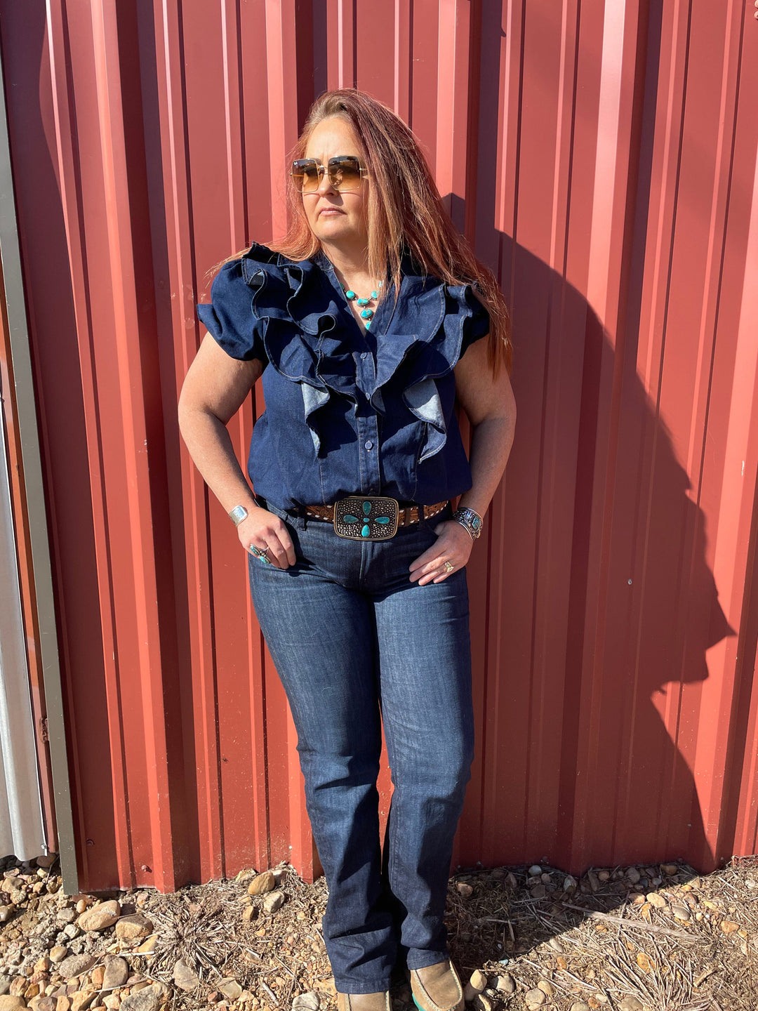 Ruffle Denim Top-Short Sleeves-Whiskey Ray's Boutique-Whiskey Ray's Boutique, Women's Western Wear Boutique in Waxahachie, TX