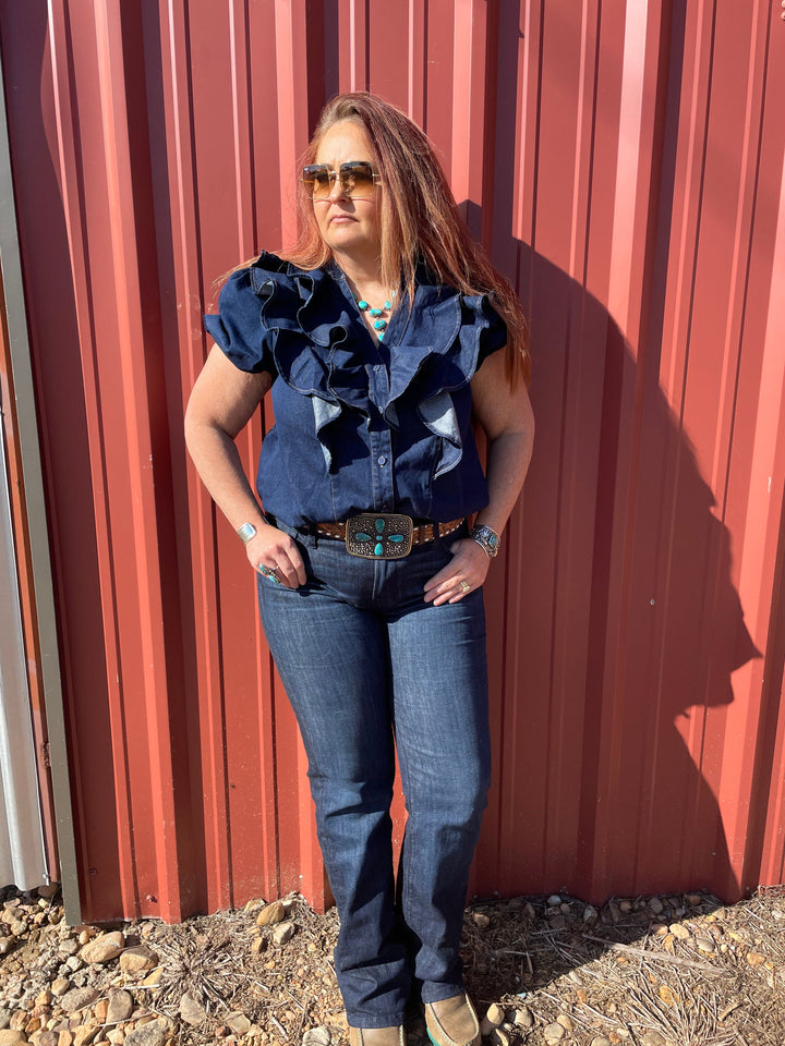 Ruffle Denim Top-Short Sleeves-Whiskey Ray's Boutique-Whiskey Ray's Boutique, Women's Western Wear Boutique in Waxahachie, TX