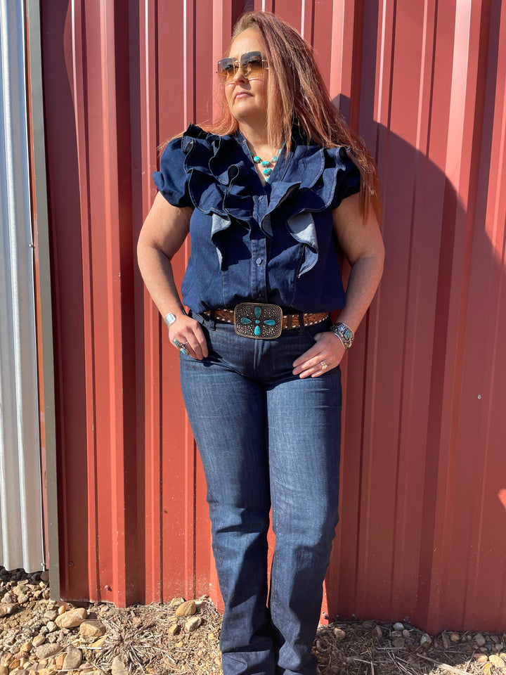 Ruffle Denim Top-Short Sleeves-Whiskey Ray's Boutique-Whiskey Ray's Boutique, Women's Western Wear Boutique in Waxahachie, TX