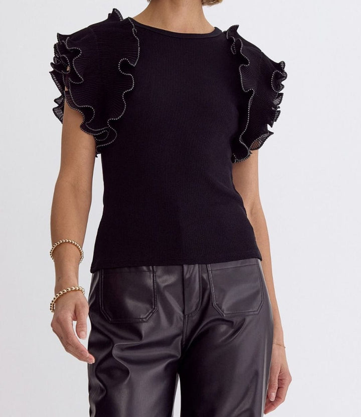 Ruffle Sleeve Black Top-Short Sleeves-Whiskey Ray's Boutique-Whiskey Ray's Boutique, Women's Western Wear Boutique in Waxahachie, TX
