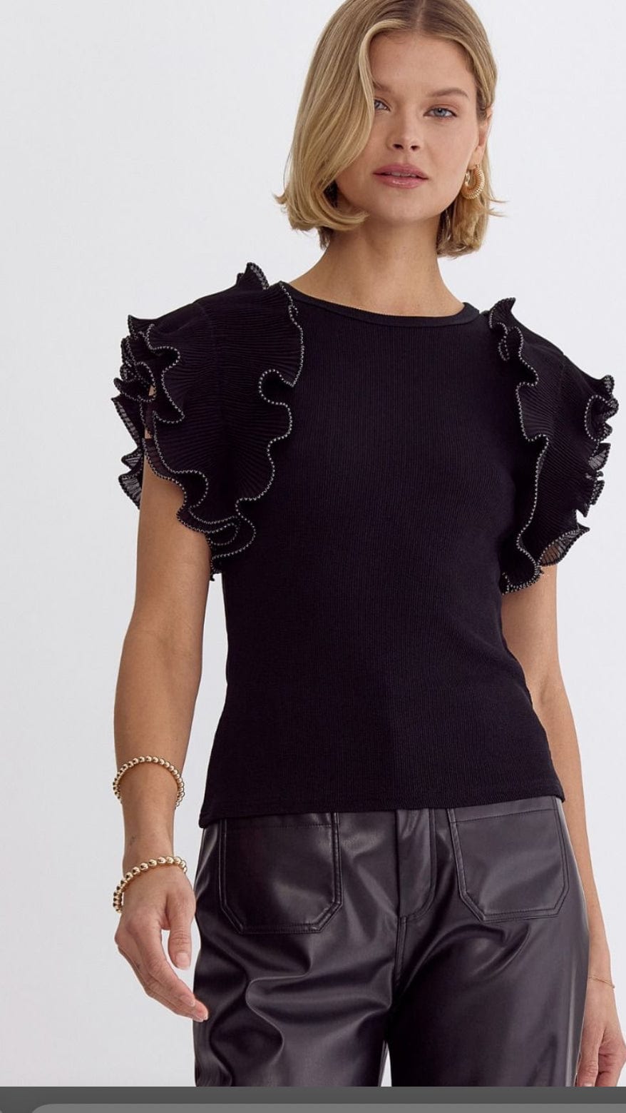 Ruffle Sleeve Black Top-Short Sleeves-Whiskey Ray's Boutique-Whiskey Ray's Boutique, Women's Western Wear Boutique in Waxahachie, TX