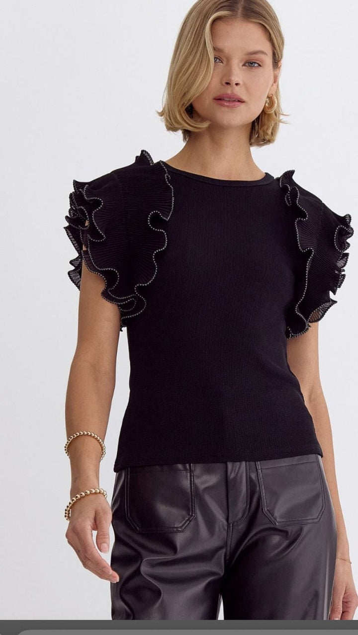 Ruffle Sleeve Black Top-Short Sleeves-Whiskey Ray's Boutique-Whiskey Ray's Boutique, Women's Western Wear Boutique in Waxahachie, TX