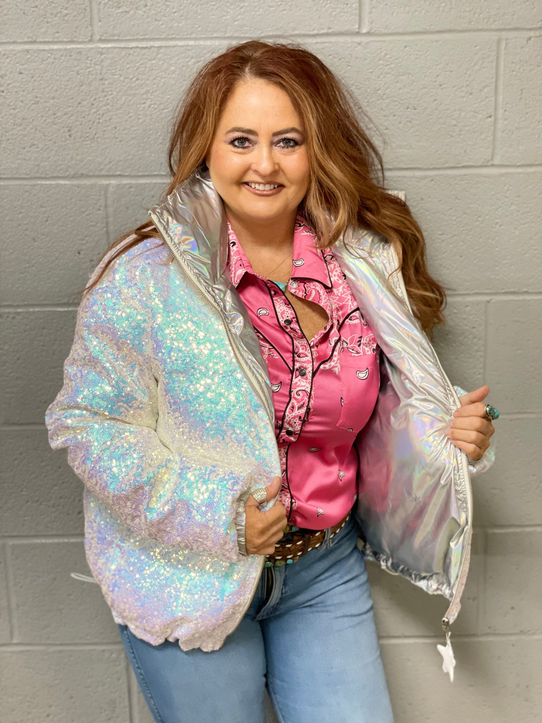 Sequin Puffer Jacket-Coats & Jackets-Whiskey Ray's Boutique-Whiskey Ray's Boutique, Women's Western Wear Boutique in Waxahachie, TX