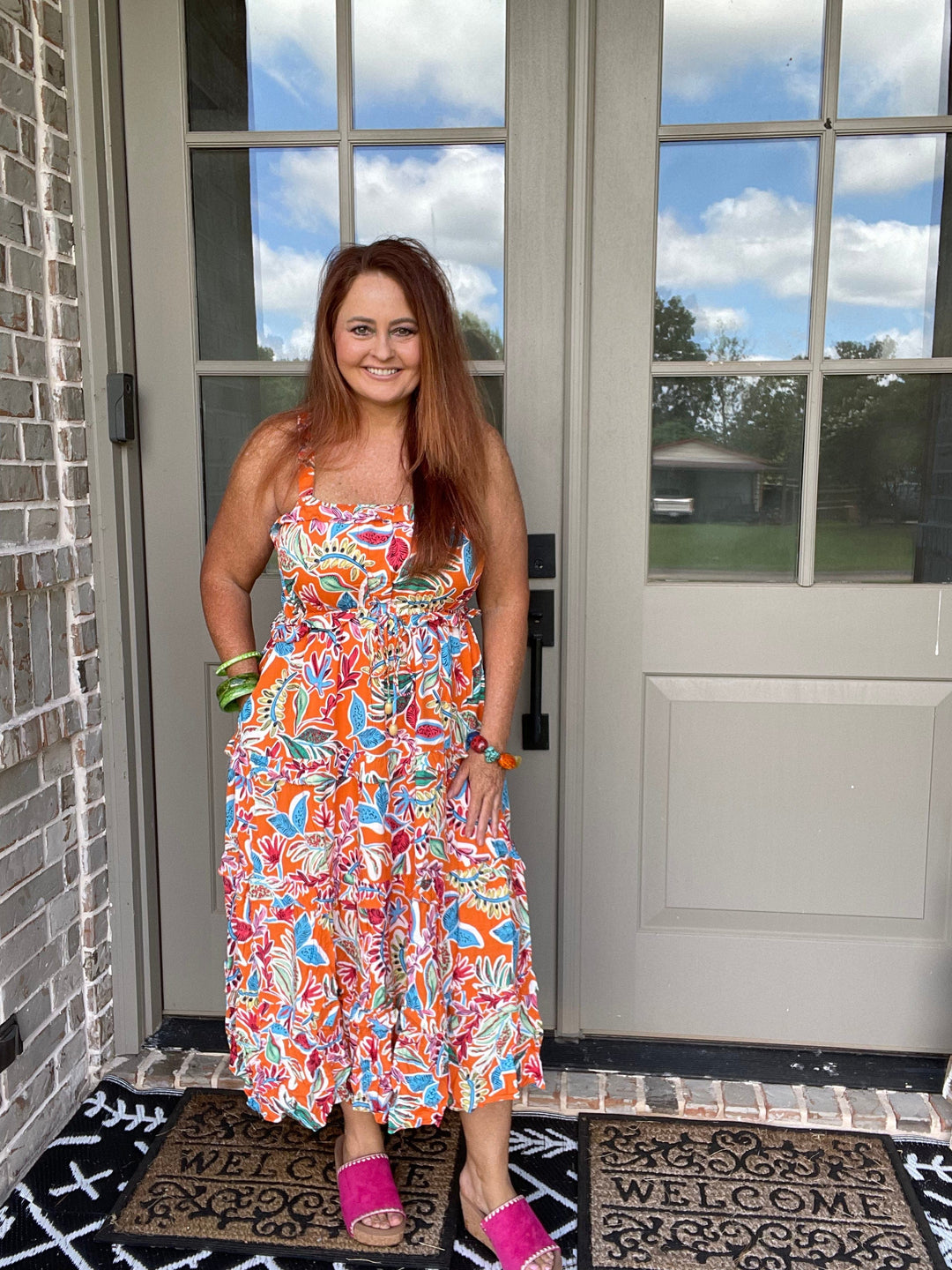 Tiered Ruffle Printed Elastic straps midi dress-Dresses-Whiskey Ray's Boutique-Whiskey Ray's Boutique, Women's Western Wear Boutique in Waxahachie, TX