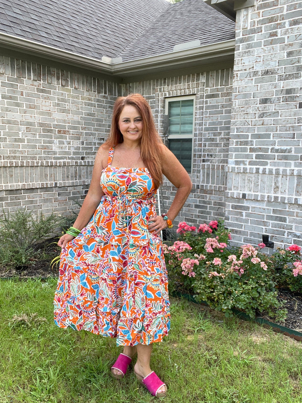 Tiered Ruffle Printed Elastic straps midi dress-Dresses-Whiskey Ray's Boutique-Whiskey Ray's Boutique, Women's Western Wear Boutique in Waxahachie, TX