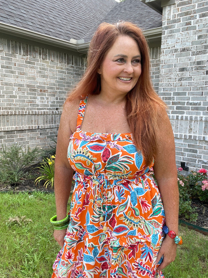 Tiered Ruffle Printed Elastic straps midi dress-Dresses-Whiskey Ray's Boutique-Whiskey Ray's Boutique, Women's Western Wear Boutique in Waxahachie, TX