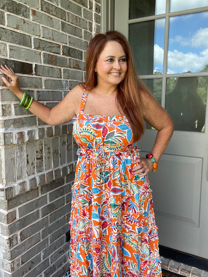Tiered Ruffle Printed Elastic straps midi dress-Dresses-Whiskey Ray's Boutique-Whiskey Ray's Boutique, Women's Western Wear Boutique in Waxahachie, TX