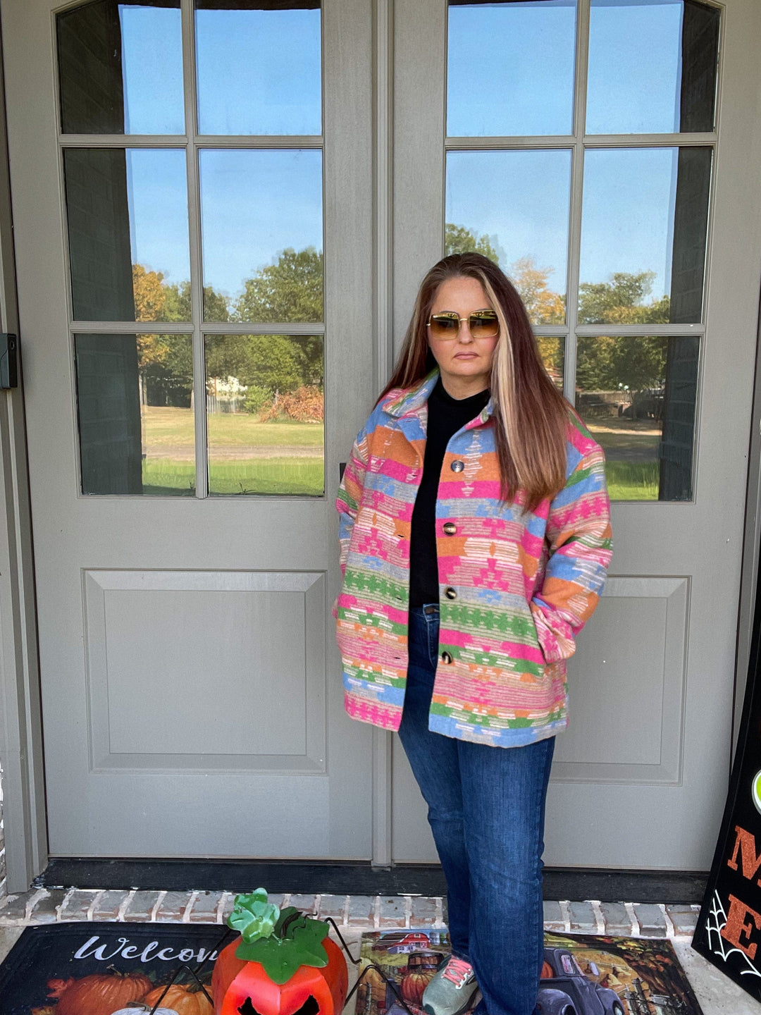 Fuchsia and Orange Aztec Jacket-Coats & Jackets-Whiskey Ray's Boutique-Whiskey Ray's Boutique, Women's Western Wear Boutique in Waxahachie, TX