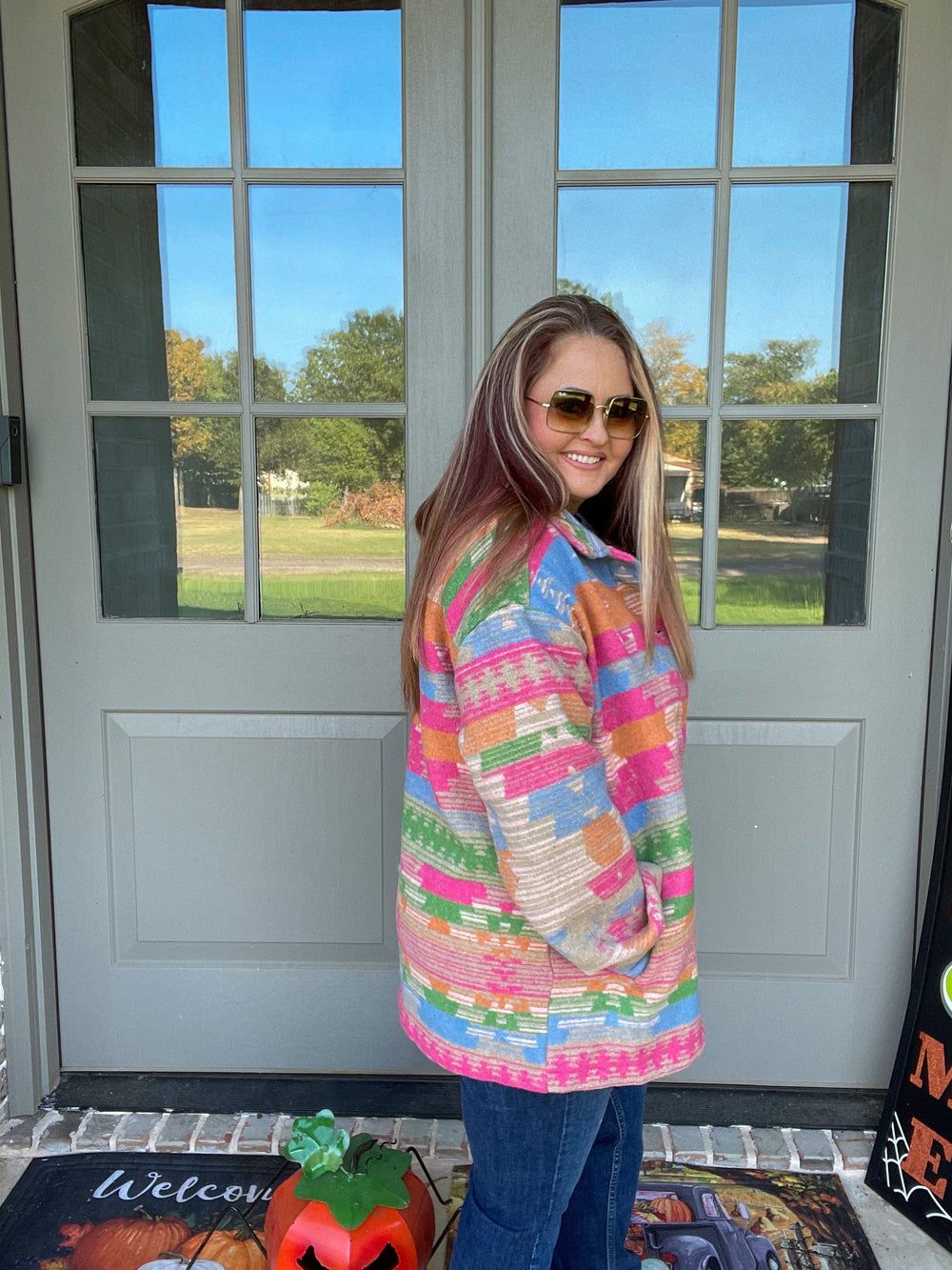Fuchsia and Orange Aztec Jacket-Coats & Jackets-Whiskey Ray's Boutique-Whiskey Ray's Boutique, Women's Western Wear Boutique in Waxahachie, TX