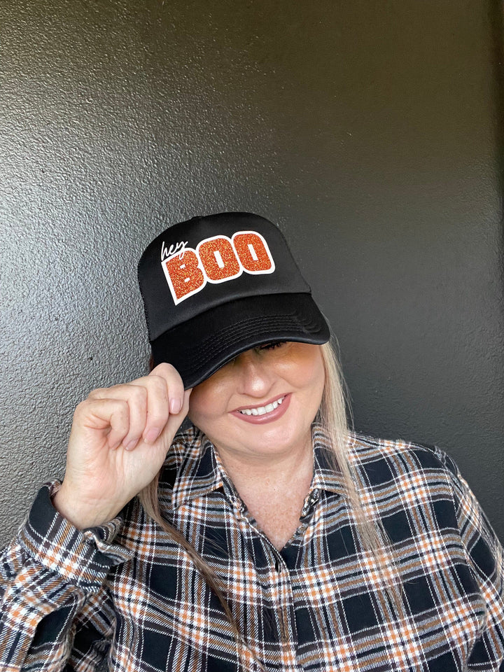 Hey Boo Trucker Cap with glitter-Hats-Whiskey Ray's Boutique-Whiskey Ray's Boutique, Women's Western Wear Boutique in Waxahachie, TX