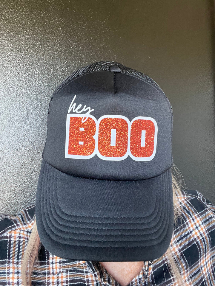 Hey Boo Trucker Cap with glitter-Hats-Whiskey Ray's Boutique-Whiskey Ray's Boutique, Women's Western Wear Boutique in Waxahachie, TX