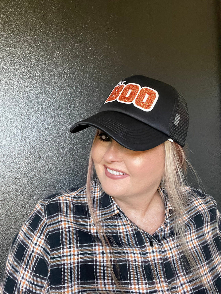 Hey Boo Trucker Cap with glitter-Hats-Whiskey Ray's Boutique-Whiskey Ray's Boutique, Women's Western Wear Boutique in Waxahachie, TX