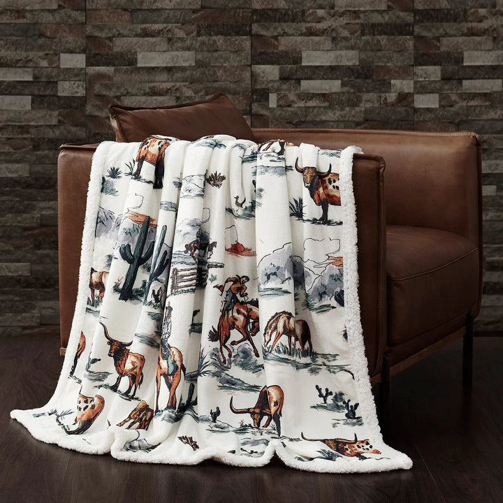 WESTERN TOILE CAMPFIRE SHERPA THROW-Blankets-Whiskey Ray's Boutique-Whiskey Ray's Boutique, Women's Western Wear Boutique in Waxahachie, TX