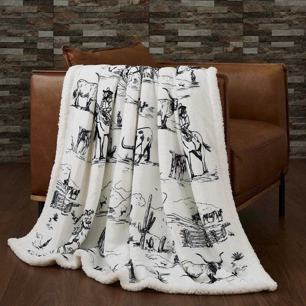 RANCH LIFE WESTERN TOILE CAMPFIRE SHERPA THROW-Blankets-Whiskey Ray's Boutique-Whiskey Ray's Boutique, Women's Western Wear Boutique in Waxahachie, TX