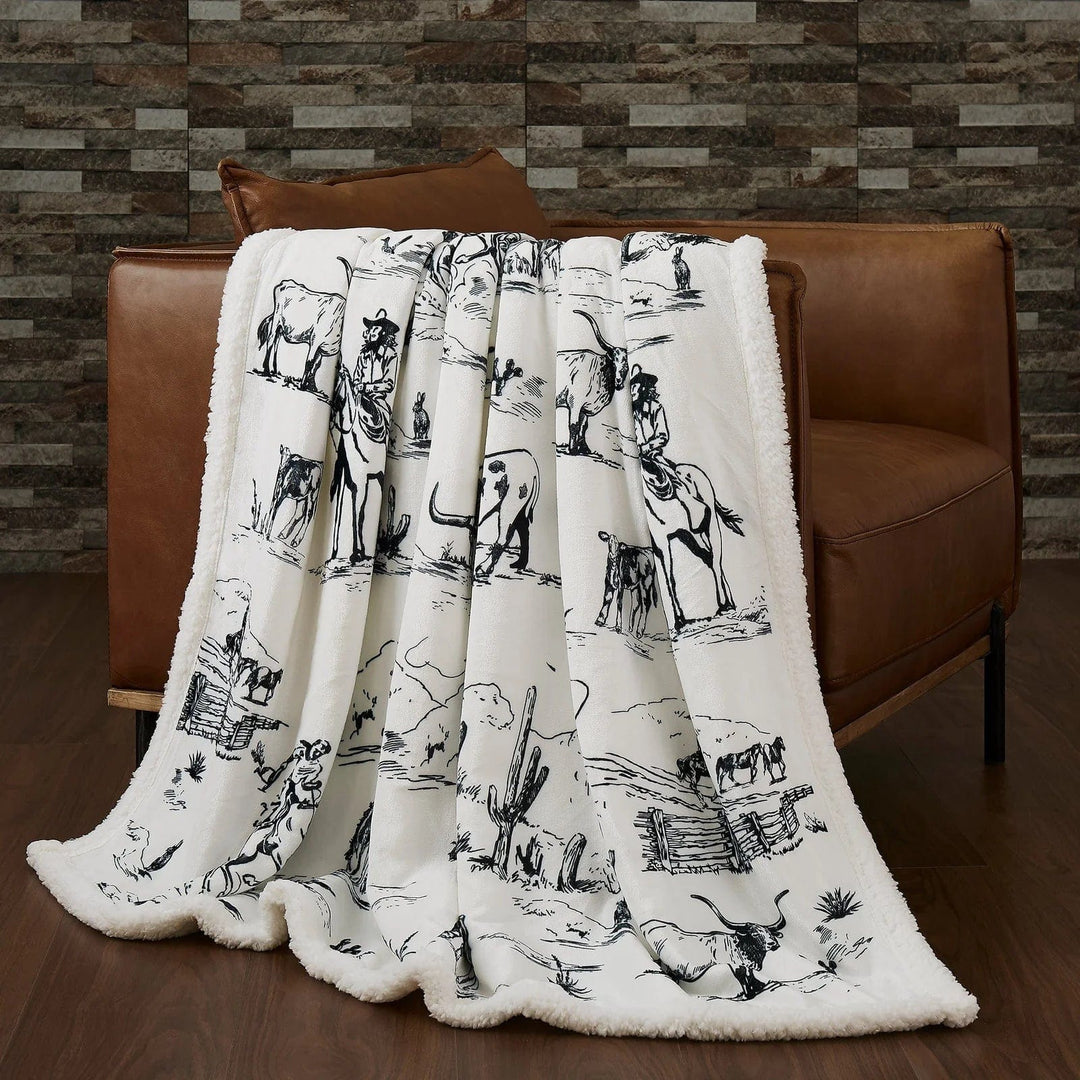 RANCH LIFE WESTERN TOILE CAMPFIRE SHERPA THROW-Blankets-Whiskey Ray's Boutique-Whiskey Ray's Boutique, Women's Western Wear Boutique in Waxahachie, TX