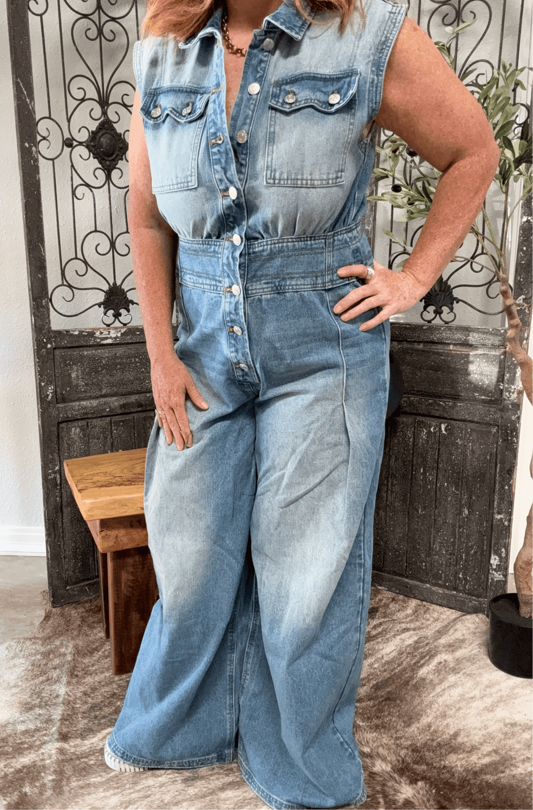 The Wild West Wide-Leg Denim Jumpsuit-Jumpsuits & Rompers-Whiskey Ray's Boutique-Whiskey Ray's Boutique, Women's Western Wear Boutique in Waxahachie, TX