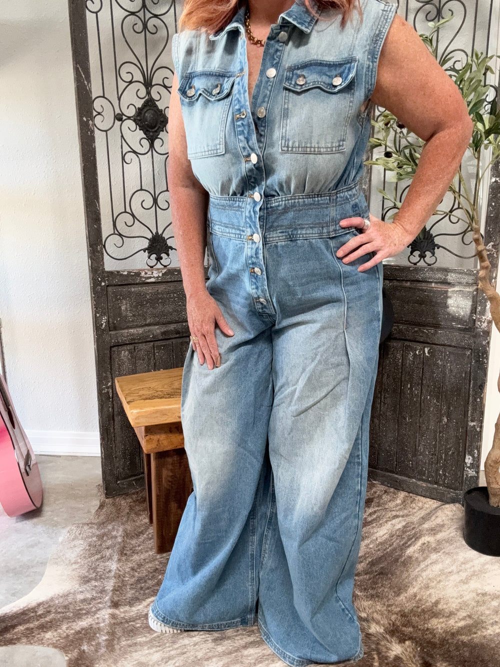 The Wild West Wide-Leg Denim Jumpsuit-Jumpsuits & Rompers-Whiskey Ray's Boutique-Whiskey Ray's Boutique, Women's Western Wear Boutique in Waxahachie, TX