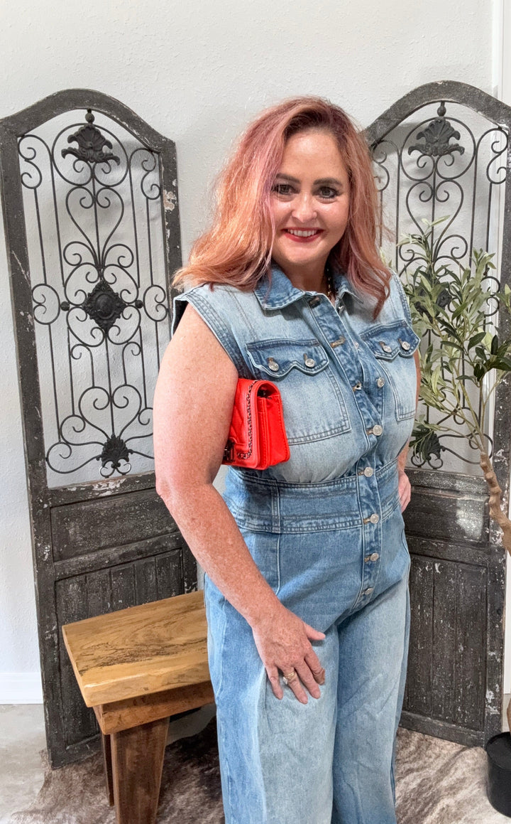 The Wild West Wide-Leg Denim Jumpsuit-Jumpsuits & Rompers-Whiskey Ray's Boutique-Whiskey Ray's Boutique, Women's Western Wear Boutique in Waxahachie, TX