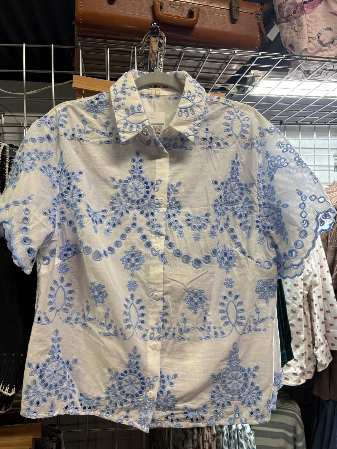 Women's eyelet scallop hem button up collar top-Long Sleeves-Whiskey Ray's Boutique-Whiskey Ray's Boutique, Women's Western Wear Boutique in Waxahachie, TX