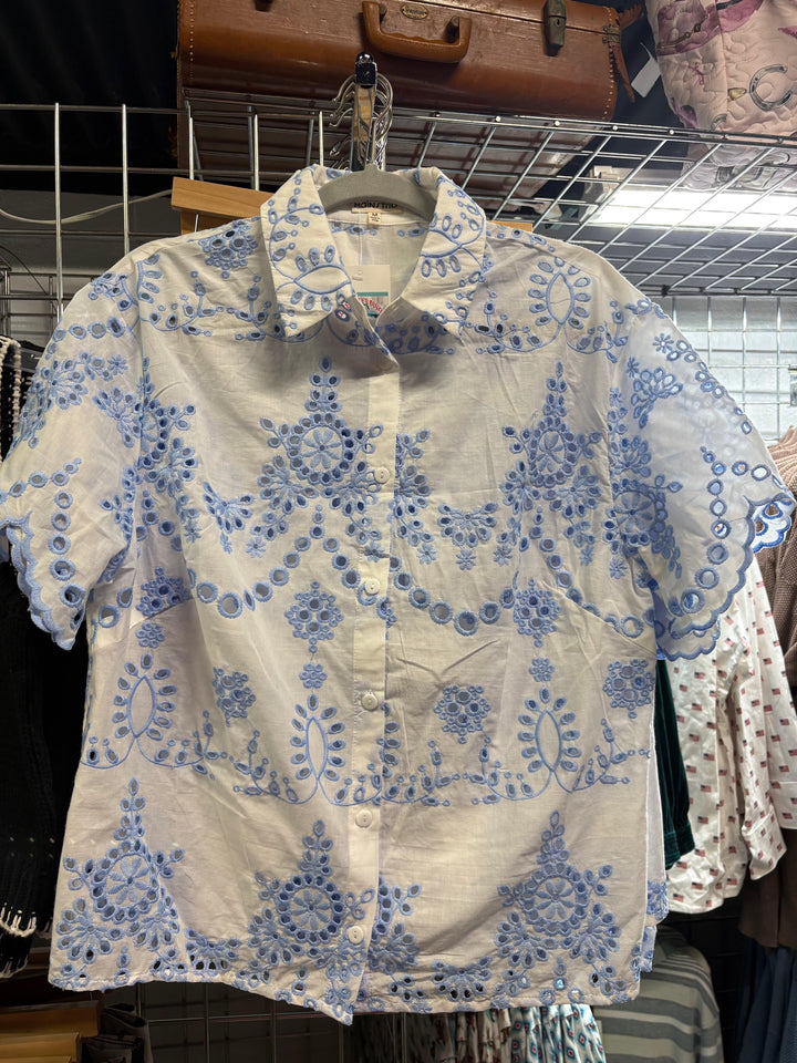 Women's eyelet scallop hem button up collar top-Long Sleeves-Whiskey Ray's Boutique-Whiskey Ray's Boutique, Women's Western Wear Boutique in Waxahachie, TX