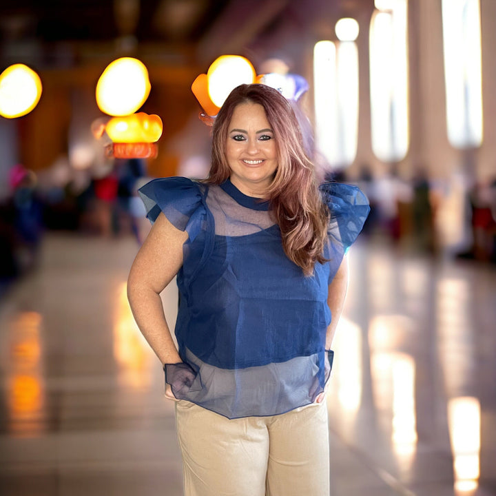 Oversized Navy Ruffle Top-Short Sleeves-Whiskey Ray's Boutique-Whiskey Ray's Boutique, Women's Western Wear Boutique in Waxahachie, TX