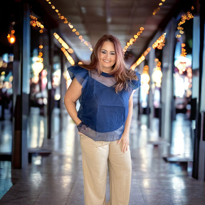 Oversized Navy Ruffle Top-Short Sleeves-Whiskey Ray's Boutique-Whiskey Ray's Boutique, Women's Western Wear Boutique in Waxahachie, TX